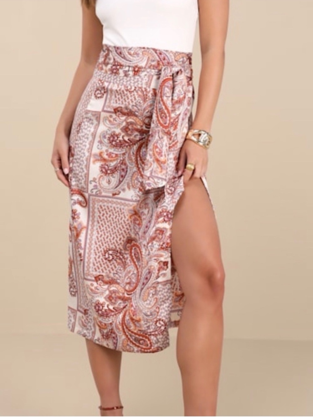 Lulu's Cream & Rust Paisley Wrap Midi Skirt